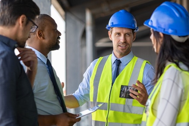 People conducting a meeting in a construction setting