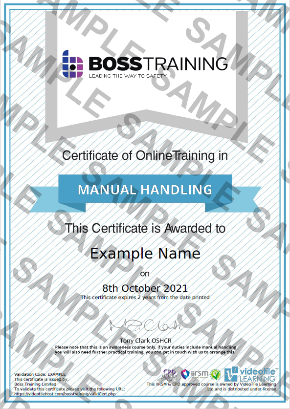 Manual Handling Training Course certificate of completion 